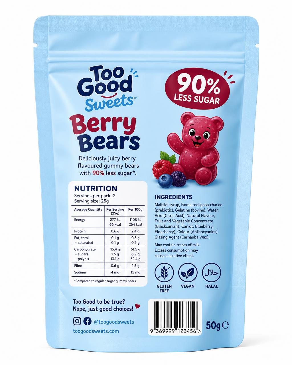 Berry Bears 50g pouch, back of pack with nutrition and ingredients