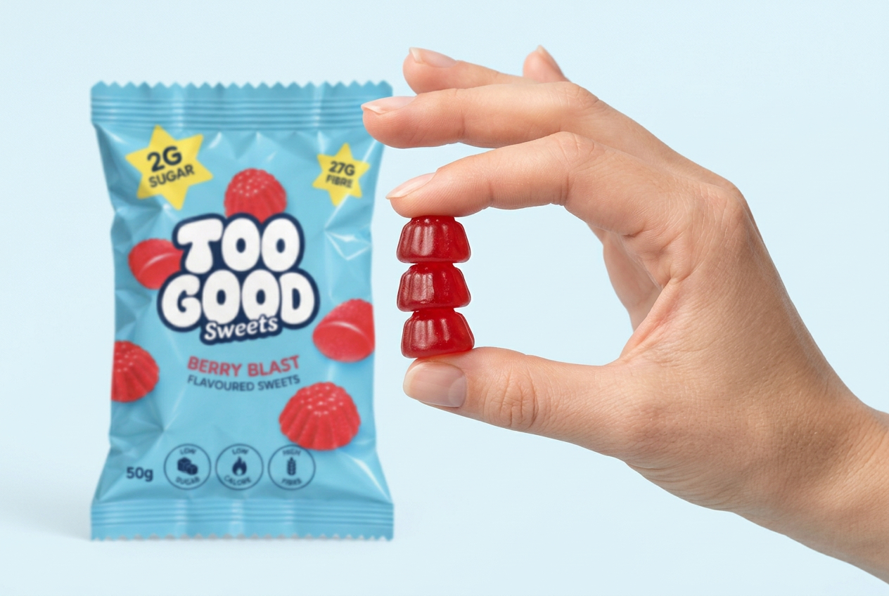 A hand holding three Berry Blast sweets stacked on top of each other between the thumb and index finger