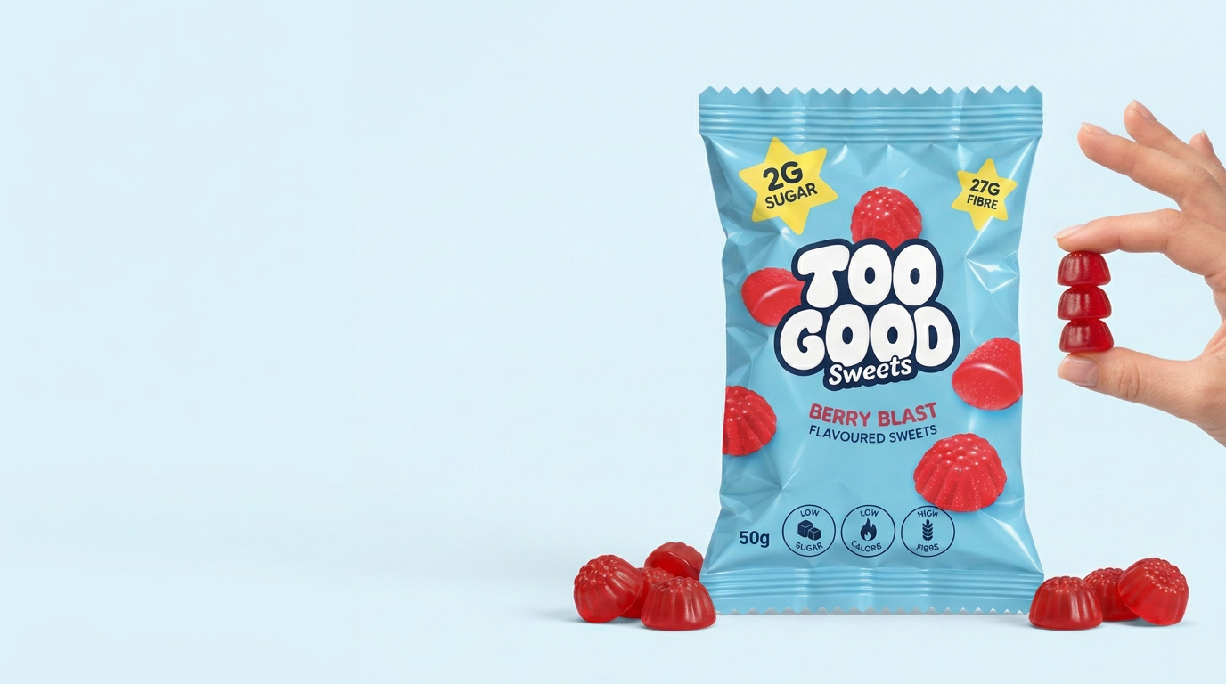 A female hand holding three Berry Blast sweets stacked on top of each other next to the turquoise TooGood pouch, with loose sweets around it