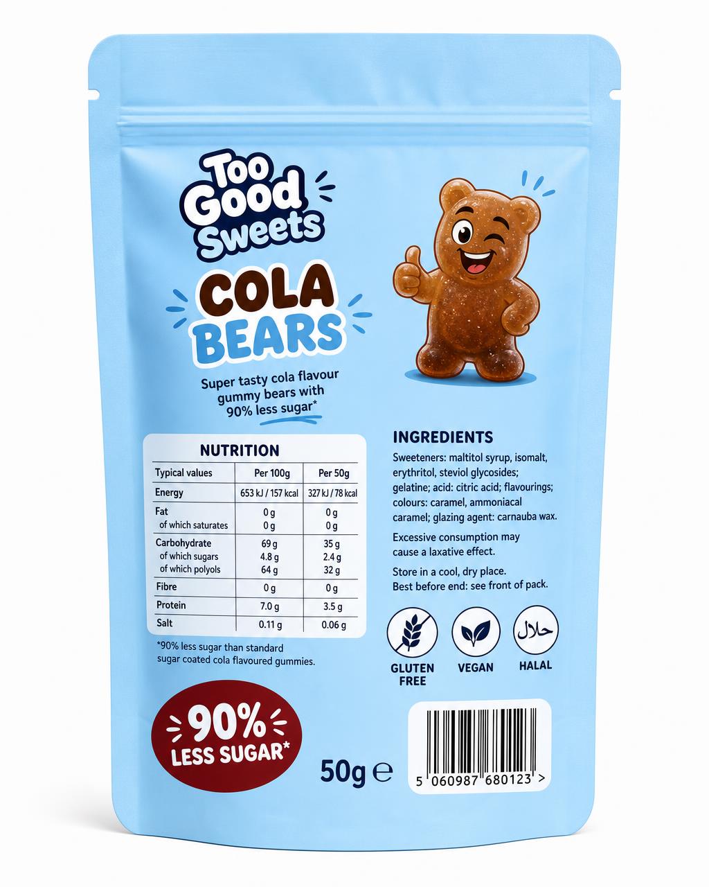 Cola Bears 50g pouch, back of pack with nutrition and ingredients